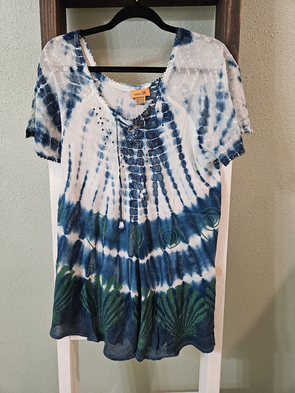 Sakkas Lulu Blue Tie Dye Blouse Tunic Top Lace Corset Sheer Lace Sleeve Size OS
